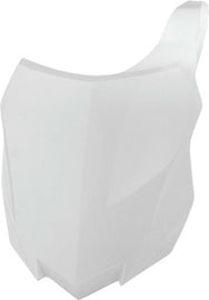 Acerbis white front number plate for motorcycle, featuring a sleek rectangular design with mounting holes.
