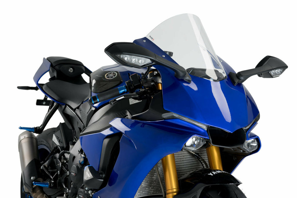 Clear PUIG R-Racer motorcycle windscreen, lightweight windshield for Yamaha models, with a sleek aerodynamic design.