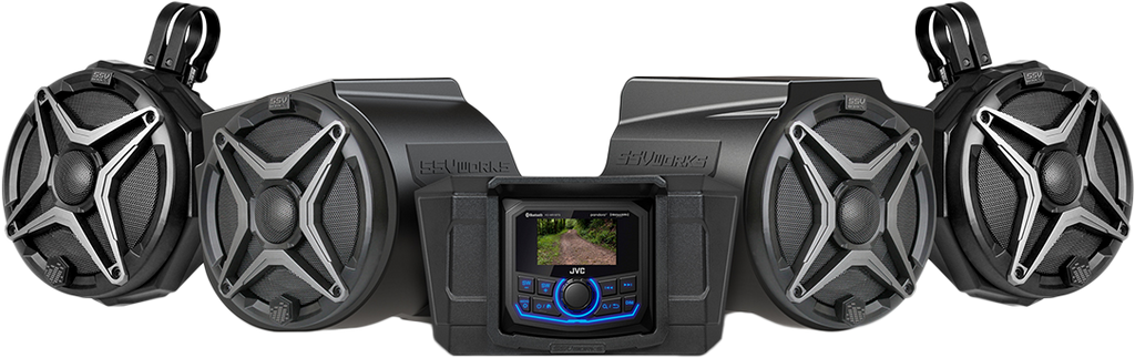 SSV Works 4-speaker kit with JVC controller for ATV or UTV audio system, featuring black speakers and control interface.