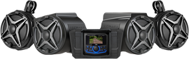 SSV Works 4-speaker kit with JVC controller for ATV or UTV audio system, featuring black speakers and control interface.