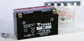 Yuasa YT7B-BS maintenance-free motorcycle battery with positive and negative terminals, compact and durable design.