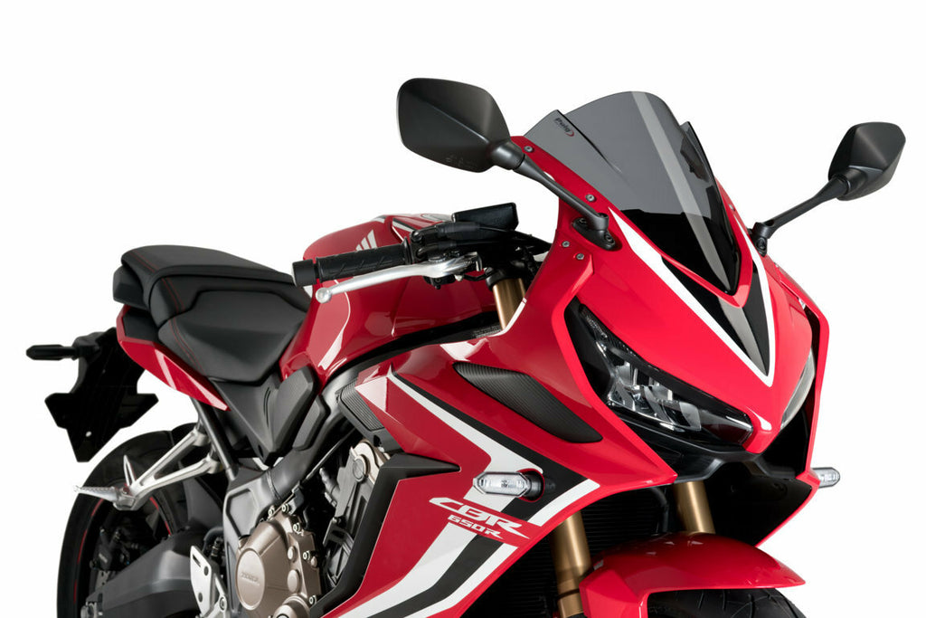 PUIG Racing Dark Smoke Windscreen for motorcycle, transparent tinted windshield with aerodynamic design.