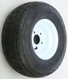 AWC trailer tire and wheel assembly with white rim, size 58-8156, mounted on a trailer, showing the tire tread and wheel details.
