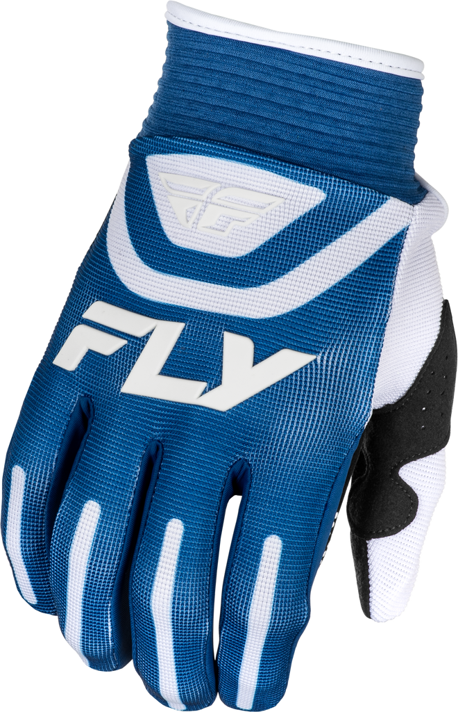 Fly Racing F-16 motorcycle gloves in dark blue and white, large size, featuring protective knuckles and breathable fabric.