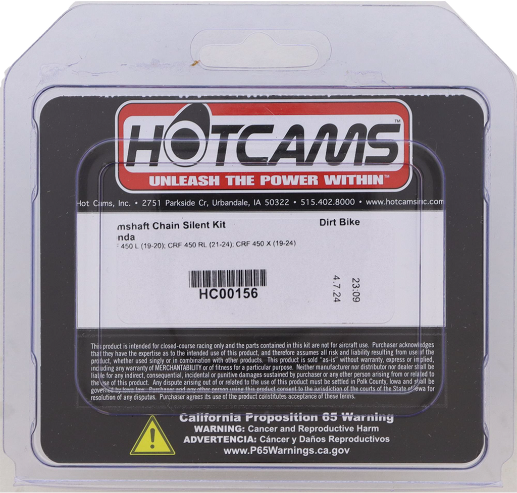 Hot Cams engine cam chain with metal links and tensioner, designed for optimal performance in motorcycle engines.