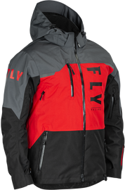 Fly Racing Carbon Jacket in black, grey, and red, XL size, displayed hanging with a sleek, sporty design.