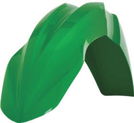 Acerbis green front fender for motorcycle, showcasing its curved shape and vibrant green color on a clean background.