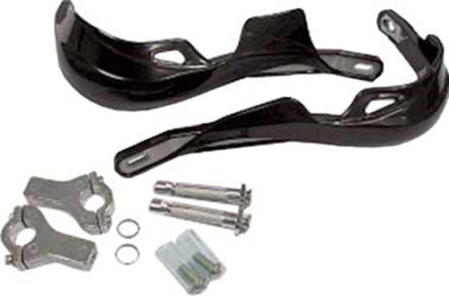 Black Fire Power off-road handguards installed on a Honda CRF250 dirt bike, protecting handlebars and rider's hands.