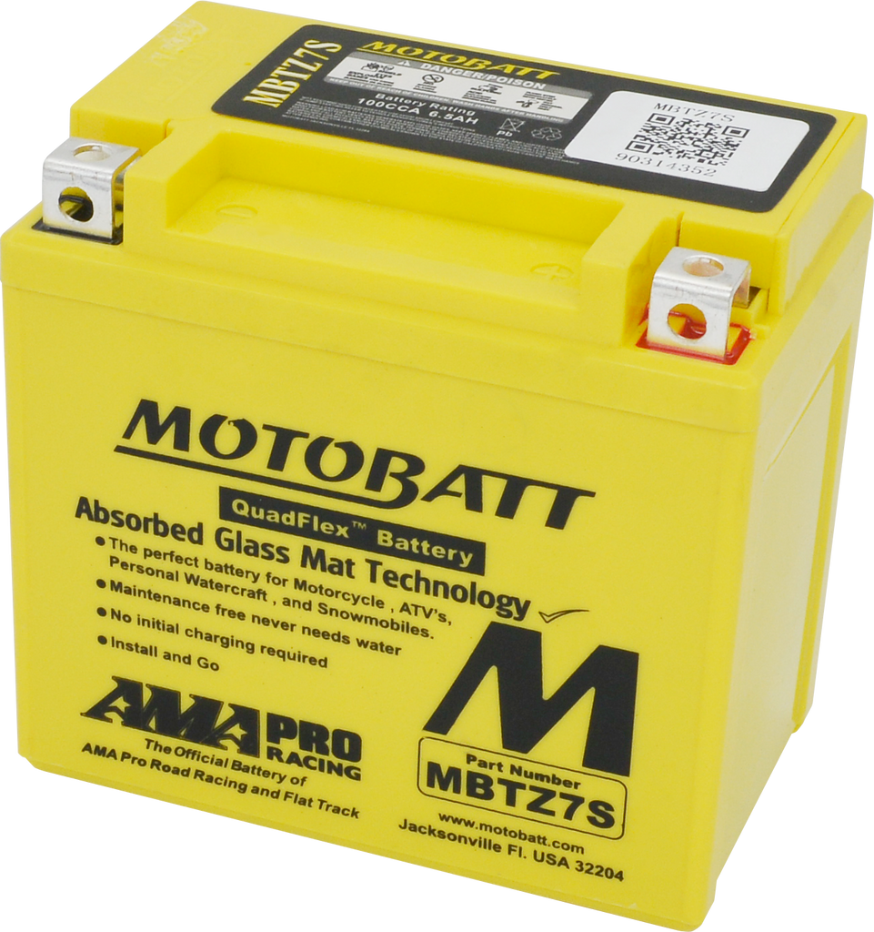 Motobatt MBTZ7S sealed, factory-activated motorcycle battery with compact design and durable construction.