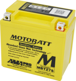 Motobatt MBTZ7S sealed, factory-activated motorcycle battery with compact design and durable construction.