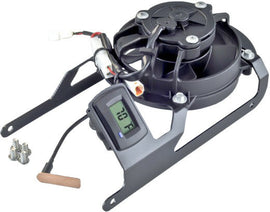 Trail Tech radiator fan kit for KTM and Husqvarna motorcycles, engine cooling fan with mounting hardware.