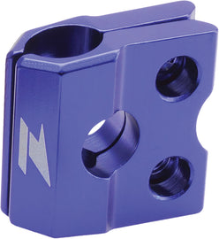 Blue ZETA Brake Line Clamp with metal construction and secure fastening, designed for motorcycle brake line installation.