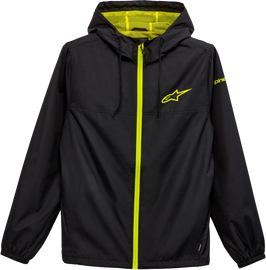 Alpine Star Treq Windbreaker in black, featuring lightweight design and adjustable hood, shown on a plain background.