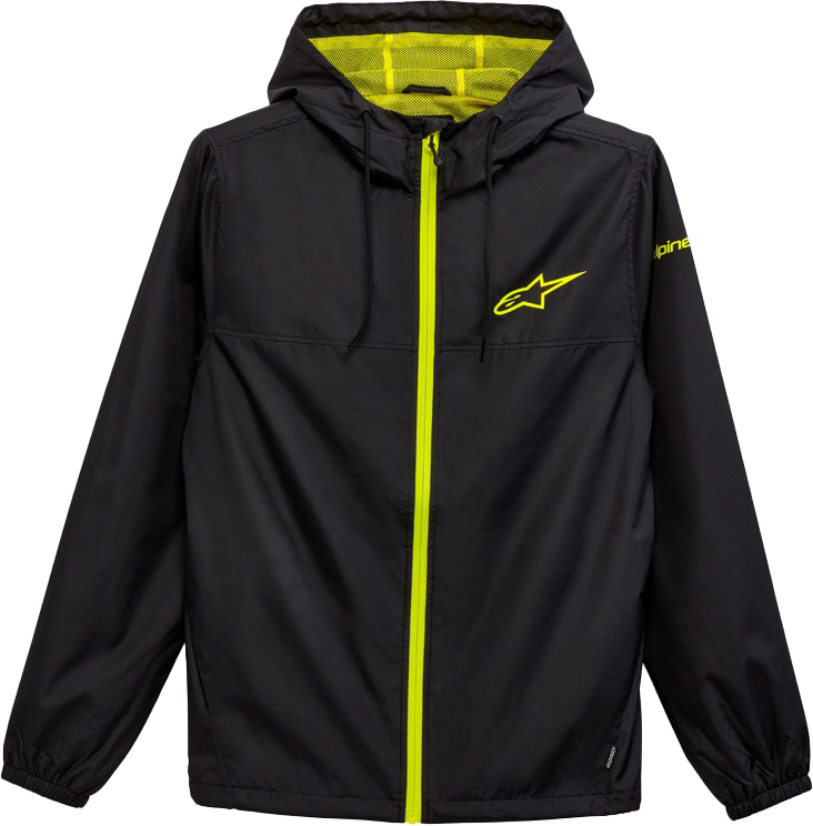 Alpine Star Treq Windbreaker in black, large size, featuring lightweight, water-resistant fabric and adjustable hood.