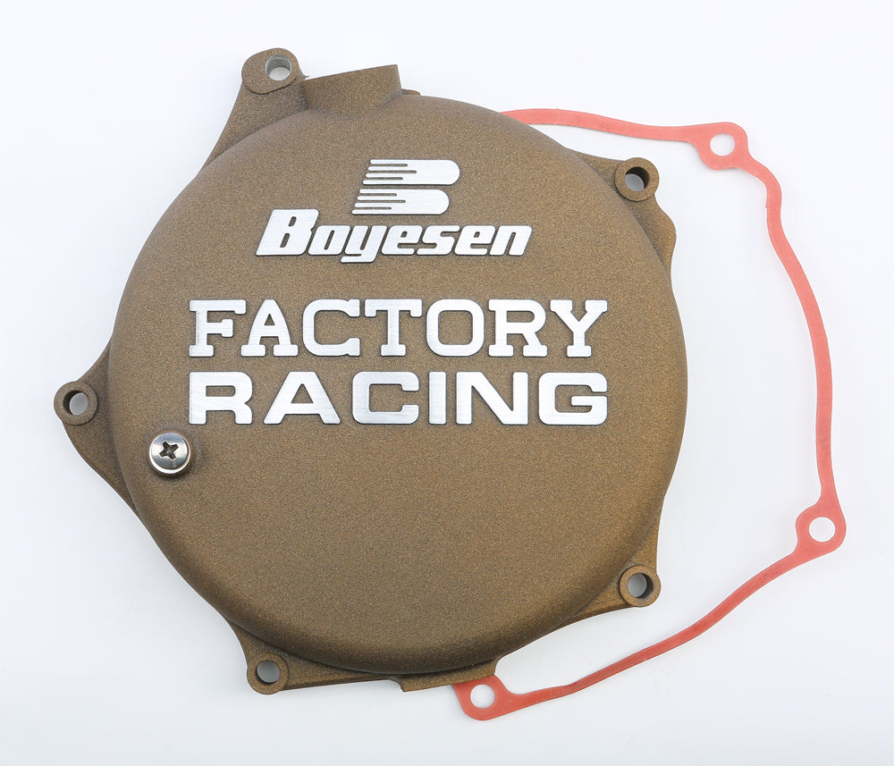 Boyesen Factory Racing Magnesium Clutch Cover for street motorcycles, showcasing a sleek, lightweight magnesium design with branding.