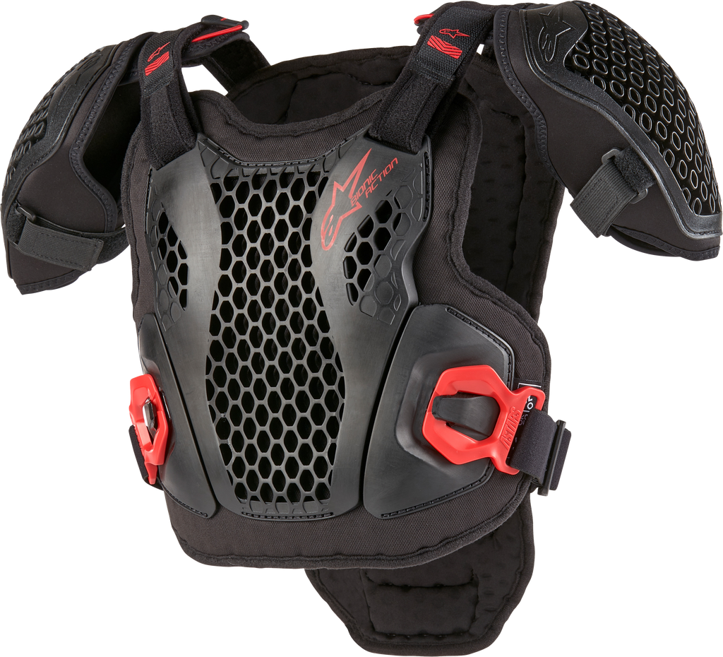 Alpine Star Bionic Action youth chest protector in black and red, size large/x-large, designed for youth safety and impact protection.
