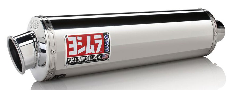 Yoshimura Street RS-3 Slip-On Exhaust for motorcycle, dual stainless steel muffler with Yoshimura branding, shiny and polished finish.