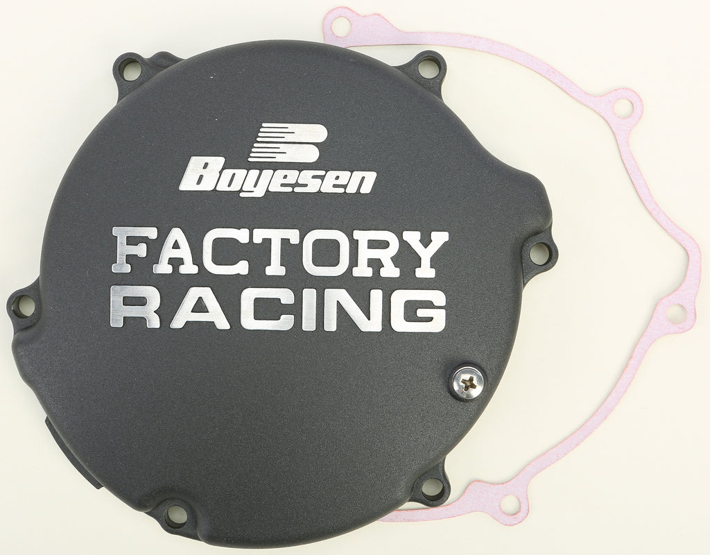 Boyesen Factory Racing Clutch Cover in black for motorcycles, showing the sleek black finish and detailed branding.