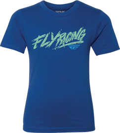 Fly Racing Youth Fly Khaos Tee in blue, youth-sized casual T-shirt with logo design, front view showing vibrant color and logo details.