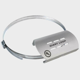 Giant Loop Hot Springs exhaust heat shield in brushed aluminum, designed to protect motorcycle exhaust systems from heat.