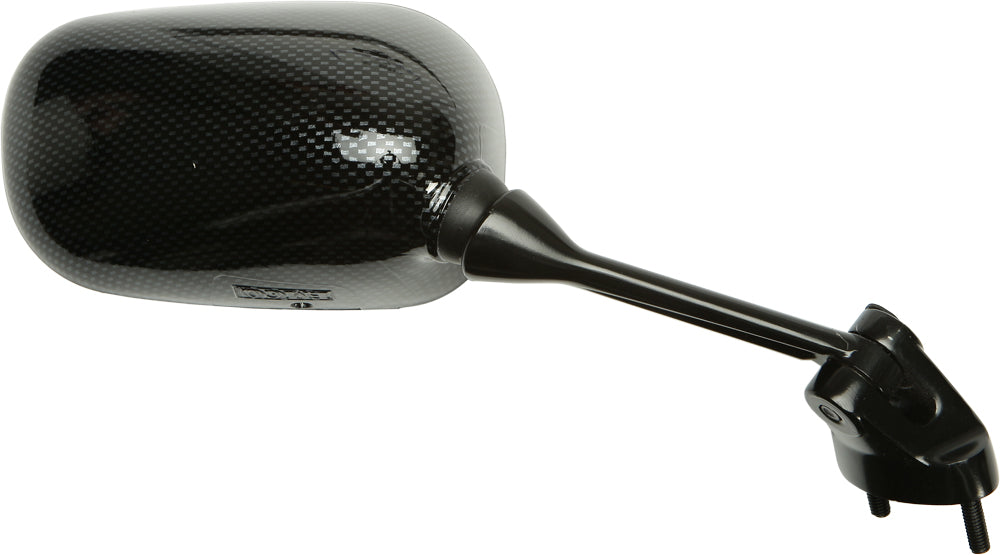 Emgo right carbon motorcycle mirror with sleek black finish and mounting arm, designed for Kawasaki models.