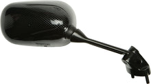 Load image into Gallery viewer, Emgo right carbon motorcycle mirror with sleek black finish and mounting arm, designed for Kawasaki models.