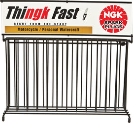 NGK Spark Plug Wire Rack 2-2001 holding multiple spark plug wires, black metal construction, organized for automotive engine maintenance.