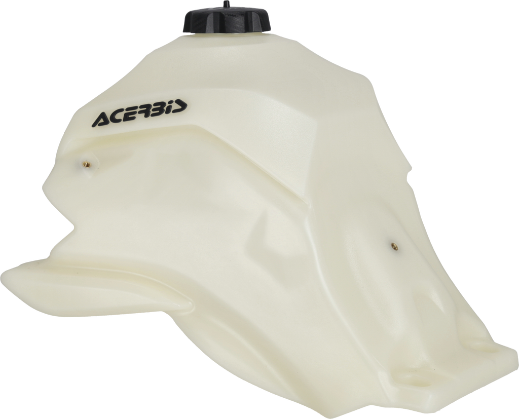 Acerbis 3.6-gallon natural fuel tank body with mounting points and fuel cap for motorcycle or dirt bike.