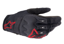 Alpine Star Techdura Gloves in fire red and black, showing the durable, protective design with adjustable wrist strap.
