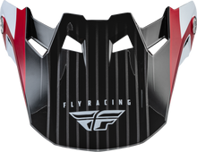 Load image into Gallery viewer, Fly Racing Formula Carbon Prime helmet visor in red, white, and red carbon with yellow and small size, designed for motocross helmets.