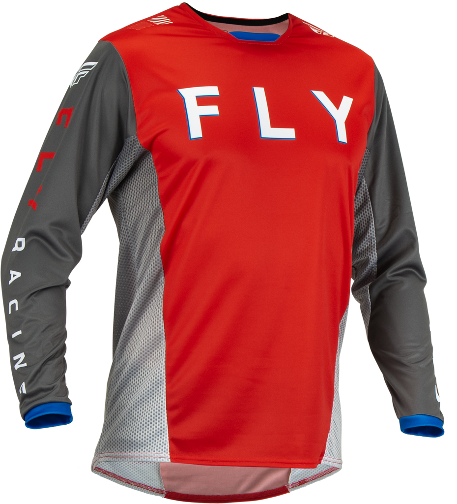 Fly Racing Kinetic Kore motocross jersey in red and grey, medium size, featuring breathable fabric and sporty design.