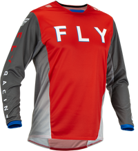 Load image into Gallery viewer, Fly Racing Kinetic Kore motocross jersey in red and grey, medium size, featuring breathable fabric and sporty design.