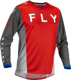 Fly Racing Kinetic Kore motocross jersey in red and grey, medium size, featuring breathable fabric and sporty design.