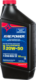 Fire Power synthetic 4-stroke 20W50 oil with ester, 1-quart bottle, part of a 12-pack case, for motorcycle and engine lubrication.