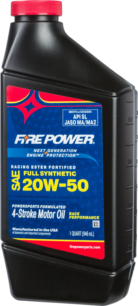 Fire Power Synthetic Oil with Ester 4T 20W50, 1-quart bottle, part of a 12-pack, used for motorcycle engine lubrication.
