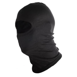 Fly Racing black rayon balaclava, lightweight and comfortable, shown in close-up with detailed fabric texture.