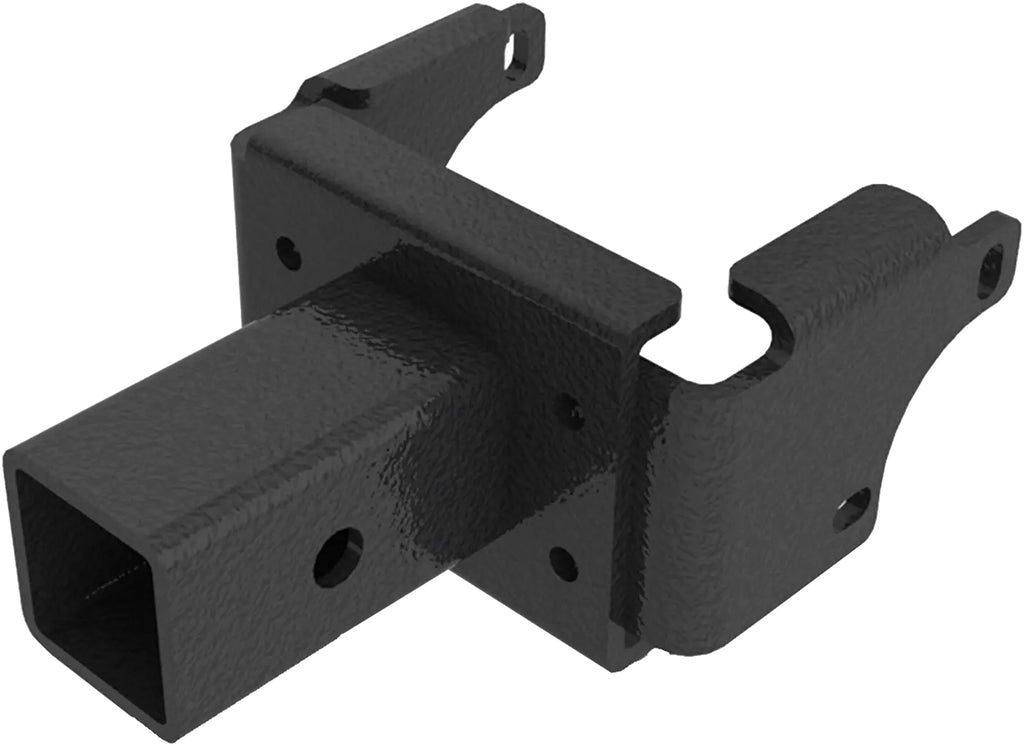 Black Kolpin ATV 2-inch receiver hitch attached to an ATV, designed for versatile towing and accessory attachment.