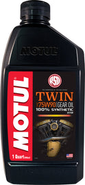Motul Twin 100% synthetic 75w90 gear oil bottle, black cap, labeled as Motul brand, 1-quart size, 12 bottles in case.