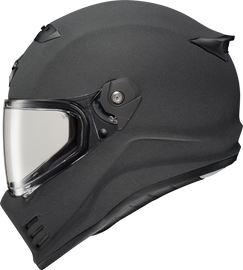 SCORPION EXO Covert Fx full face helmet in graphite color, XS size, showing the sleek design and secure chin strap.