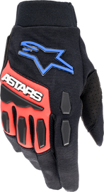 Alpine Star Full Bore Xt gloves in black, bright blue, and red with protective padding and adjustable wrist straps.