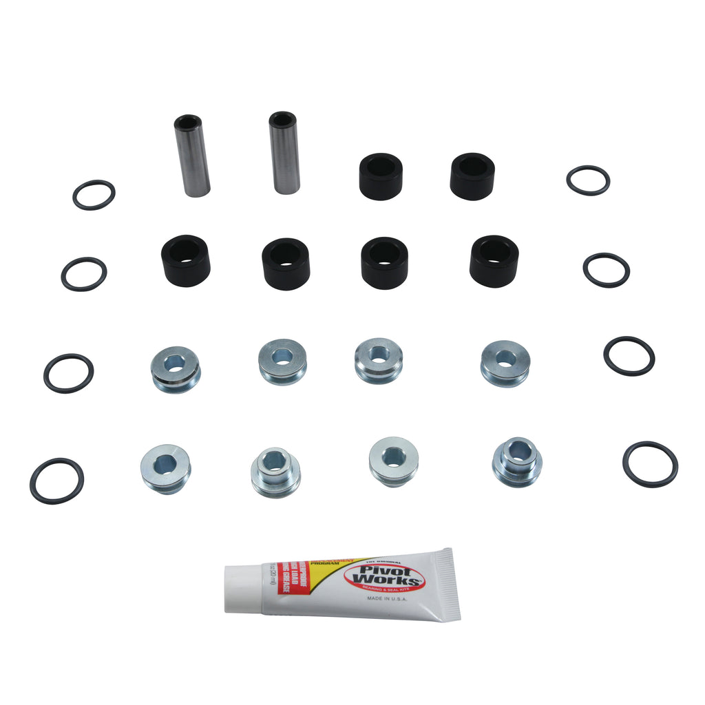 Pivot Works A-Arm Bearing Kit for suspension, showing bearings and components in a clean, organized layout.