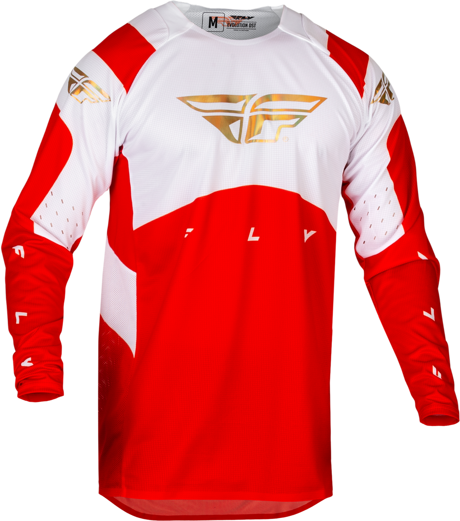 Fly Racing Evolution DST Le Podium Jersey in red, white, and iridium with size medium, featuring lightweight, breathable motocross apparel.
