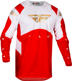 Fly Racing Evolution DST Le Podium Jersey in red, white, and iridium with size medium, featuring lightweight, breathable motocross apparel.