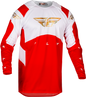 Fly Racing Evolution DST Le Podium Jersey in red, white, and iridium with size medium, featuring lightweight, breathable motocross apparel.