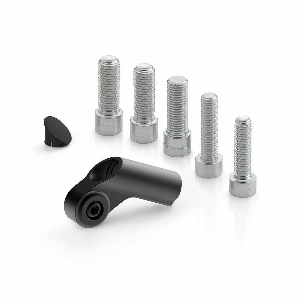 RIZOMA universal black mirror adapter side mount for motorcycle mirrors, with detailed mounting hardware visible.
