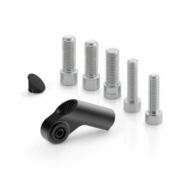 RIZOMA universal black mirror adapter side mount for motorcycle mirrors, with detailed mounting hardware visible.