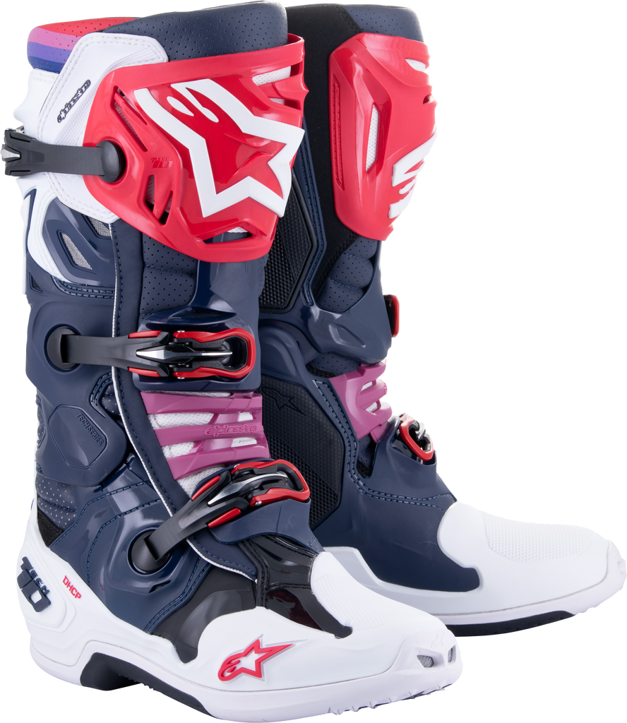 Alpine Star Tech 10 Supervented motorcycle boots in night navy, white, rainbow colorway, size 14, with vented design and protective features.