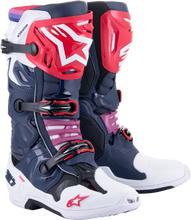 Load image into Gallery viewer, Alpine Star Tech 10 Supervented motorcycle boots in navy, white, and rainbow, size 7, featuring vented design and protective features.