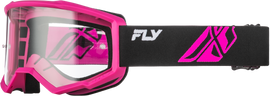 Fly Racing youth focus goggle in black and pink with clear lens, featuring adjustable strap and cushioned frame for comfortable fit.
