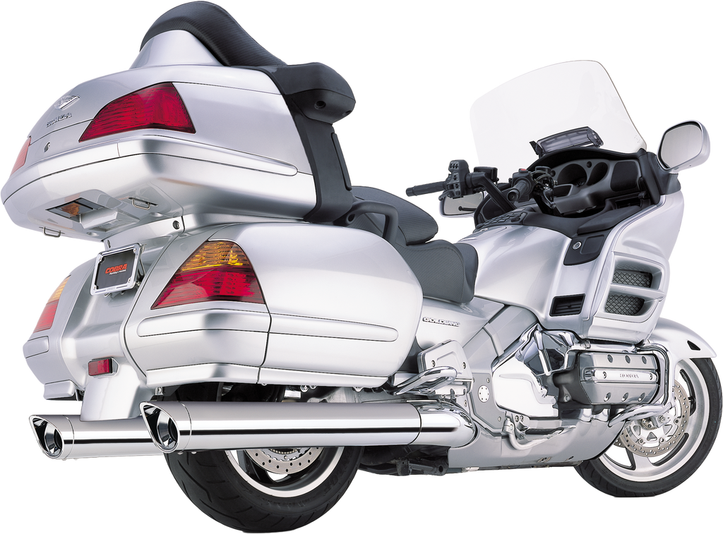 Cobra Slip-On Exhaust with scalloped tips for Honda Goldwing GL1800 2001-2010, metallic finish, installed on motorcycle.